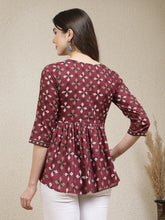 Women's Dabu Printed Cotton Peplum Top-TOPMAROONDOVE
